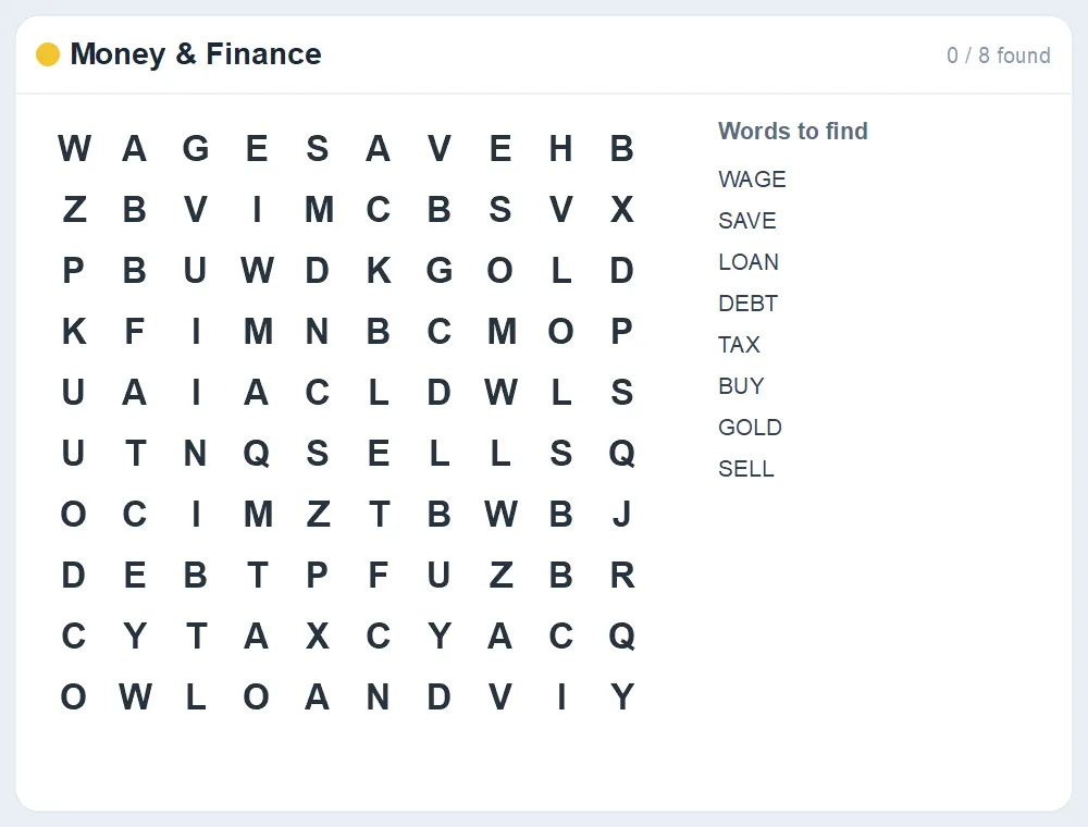 Preview of the Money & Finance word search puzzle
