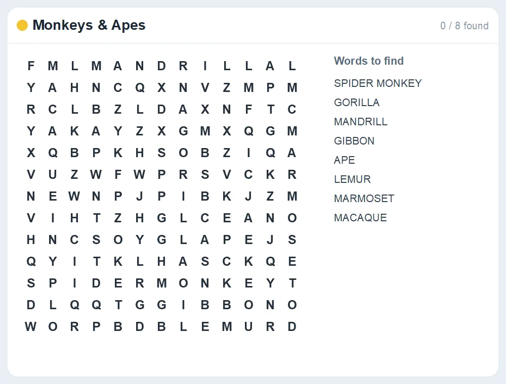 Preview of the Monkeys & Apes word search puzzle