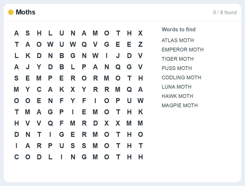 Preview of the Moths word search puzzle