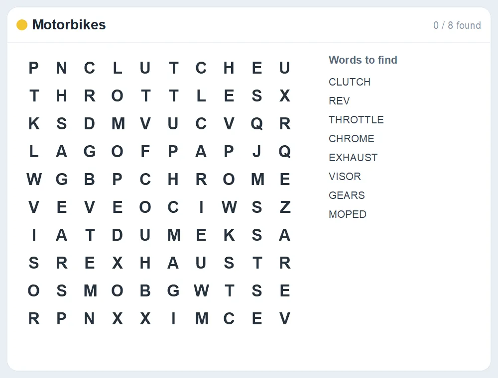 Preview of the Motorbikes word search puzzle