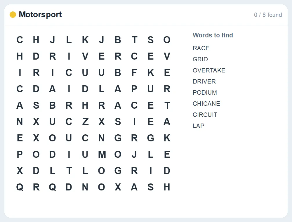 Preview of the Motorsport word search puzzle