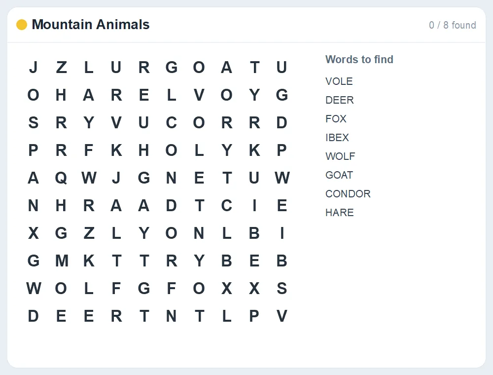 Preview of the Mountain Animals word search puzzle