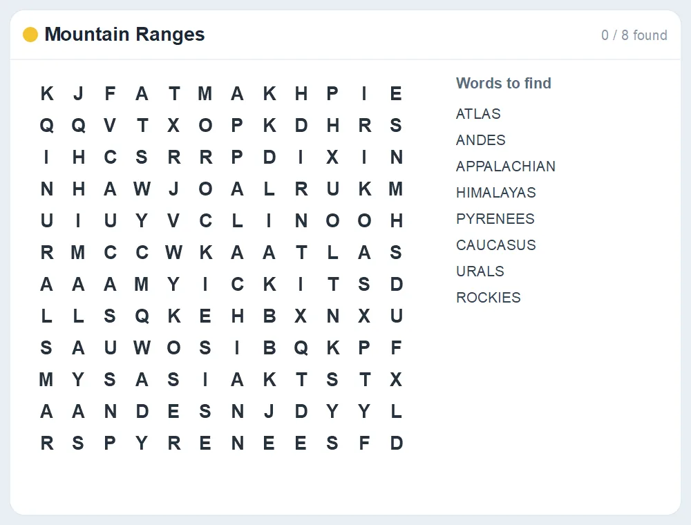 Preview of the Mountain Ranges word search puzzle