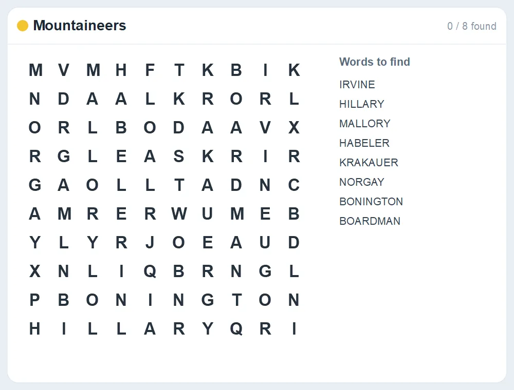 Preview of the Mountaineers word search puzzle