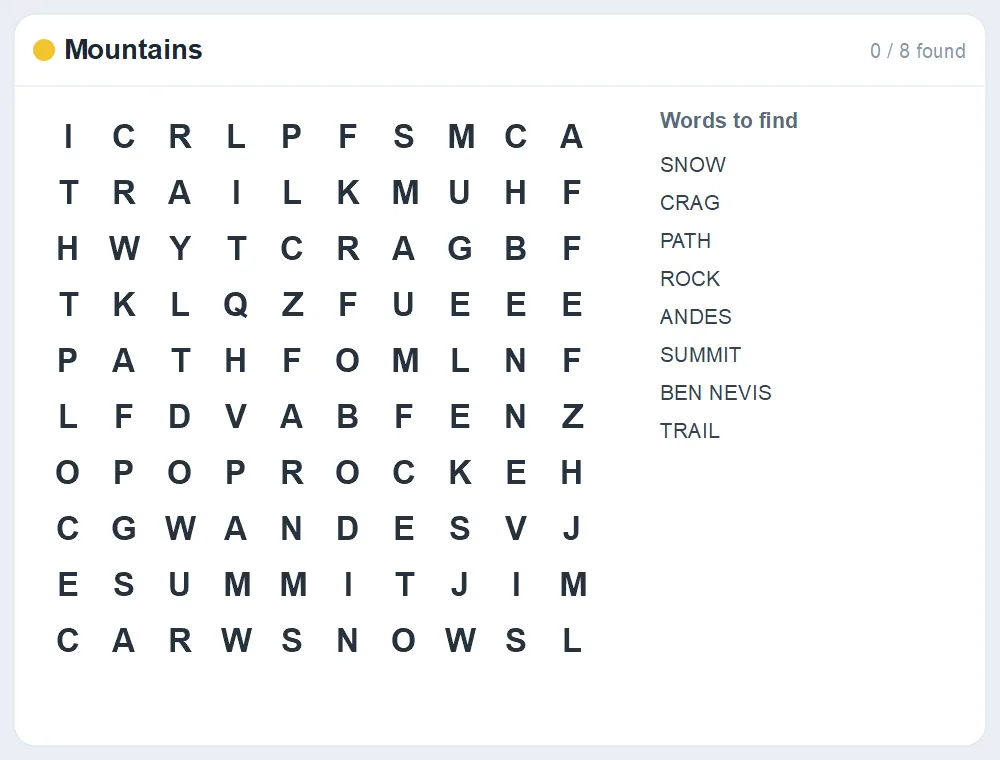 Preview of the Mountains word search puzzle