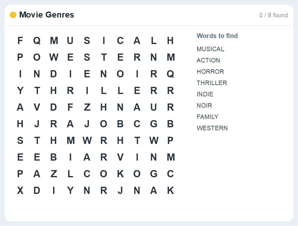 Preview of the Movie Genres word search puzzle