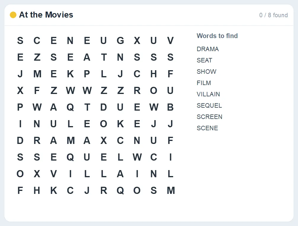 Preview of the At the Movies word search puzzle