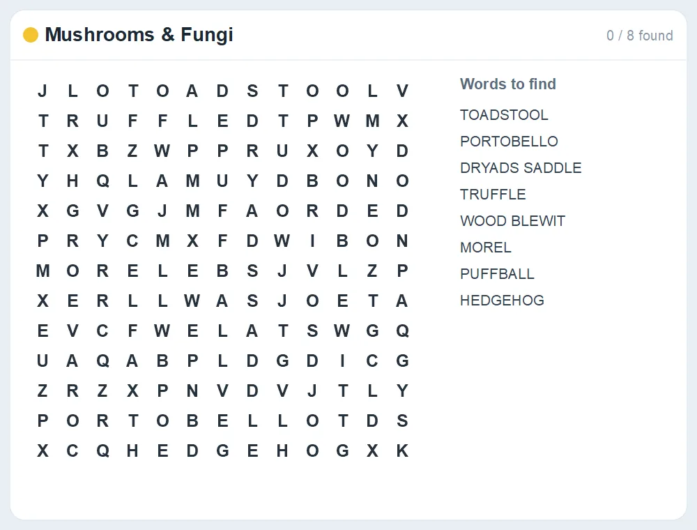 Preview of the Mushrooms & Fungi word search puzzle