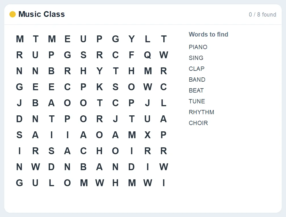 Preview of the Music Class word search puzzle
