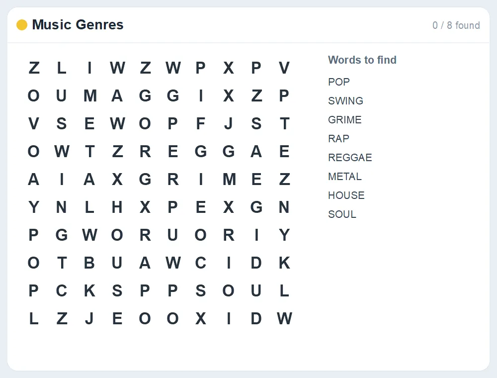 Preview of the Music Genres word search puzzle