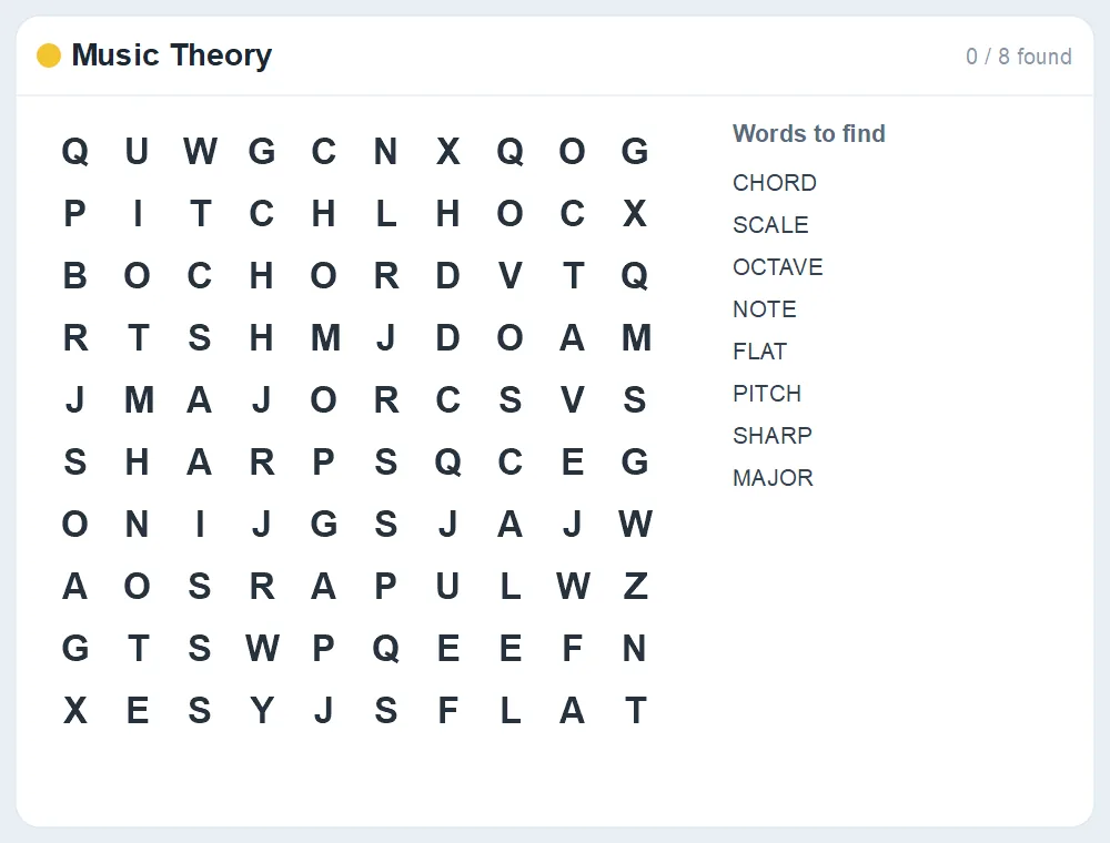 Preview of the Music Theory word search puzzle