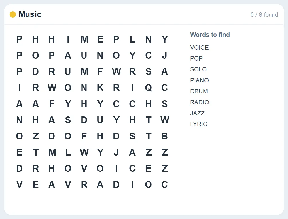 Preview of the Music word search puzzle