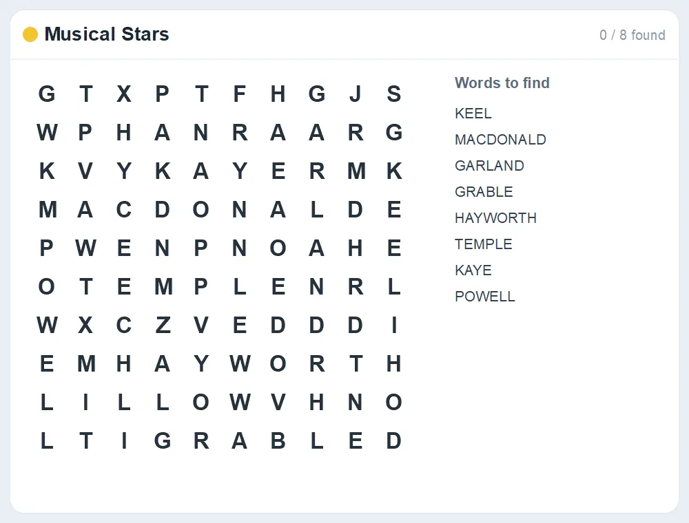 Preview of the Musical Stars word search puzzle
