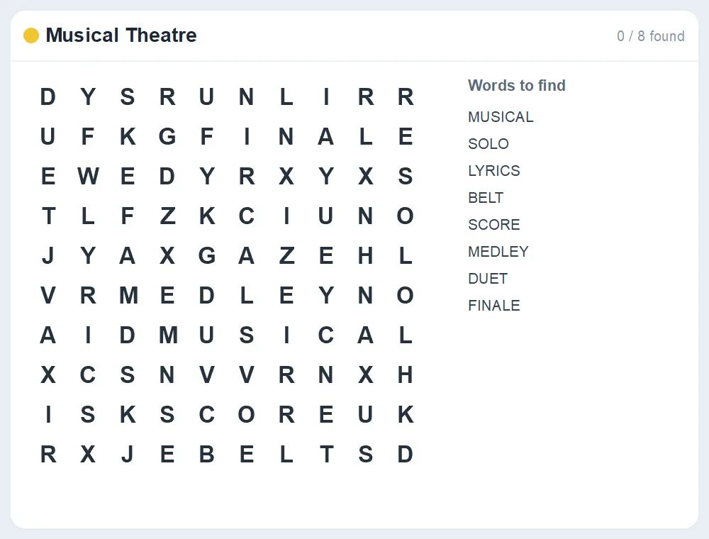 Preview of the Musical Theatre word search puzzle