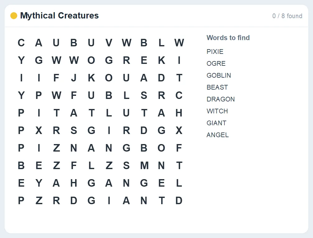 Preview of the Mythical Creatures word search puzzle