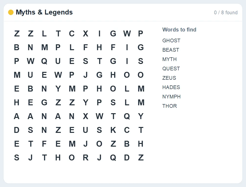 Preview of the Myths & Legends word search puzzle