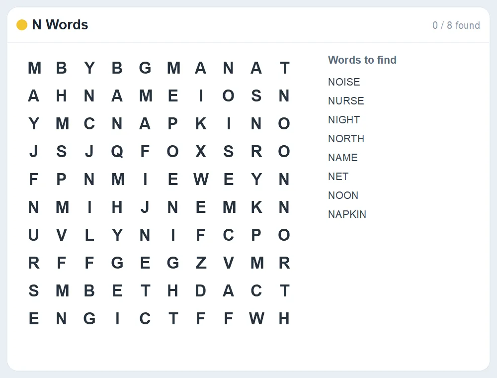 Preview of the N Words word search puzzle