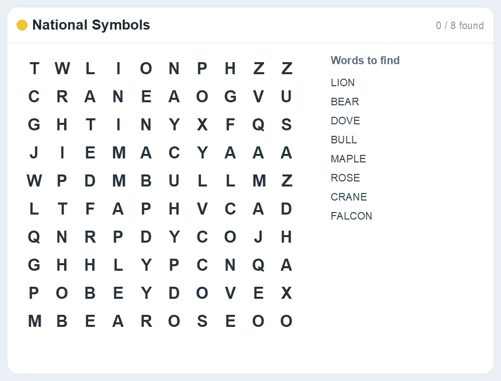 Preview of the National Symbols word search puzzle