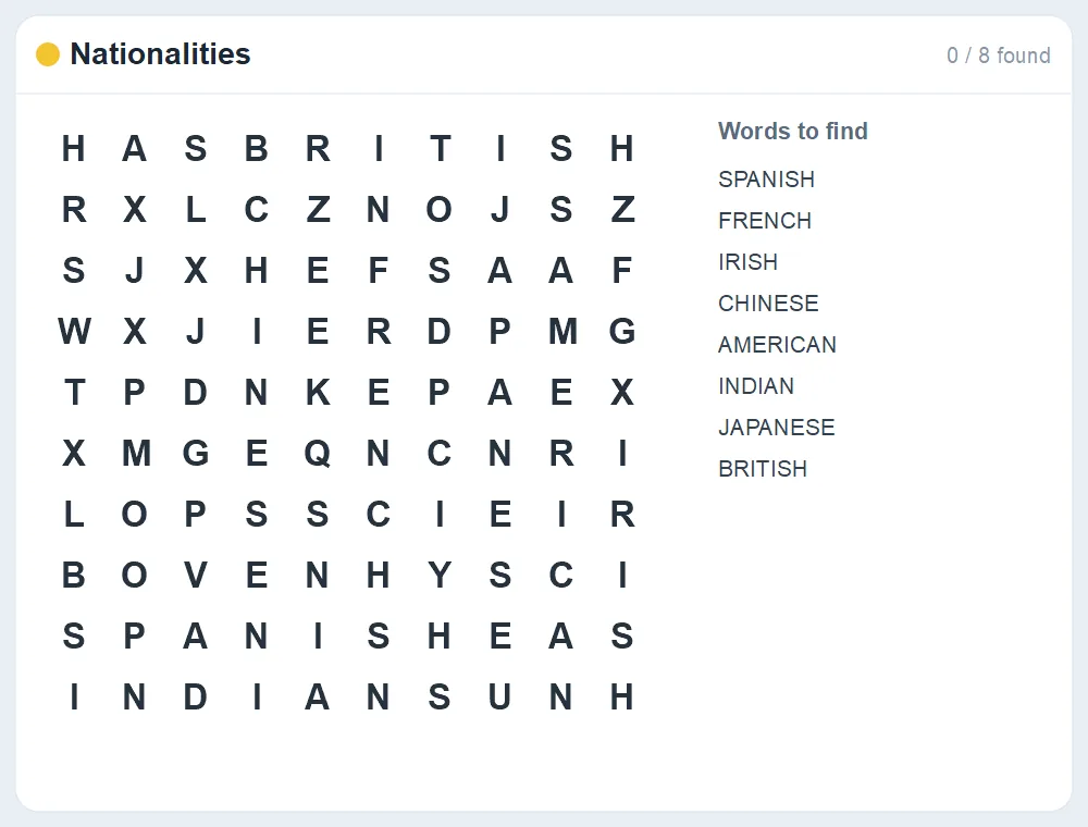 Preview of the Nationalities word search puzzle