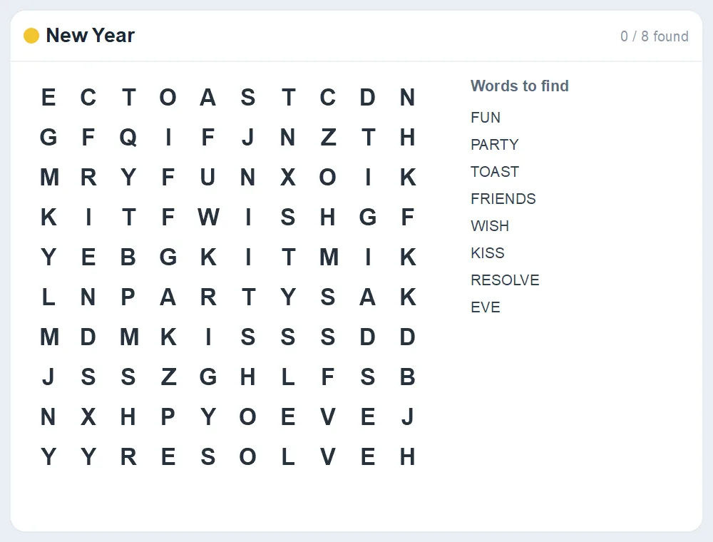 Preview of the New Year word search puzzle