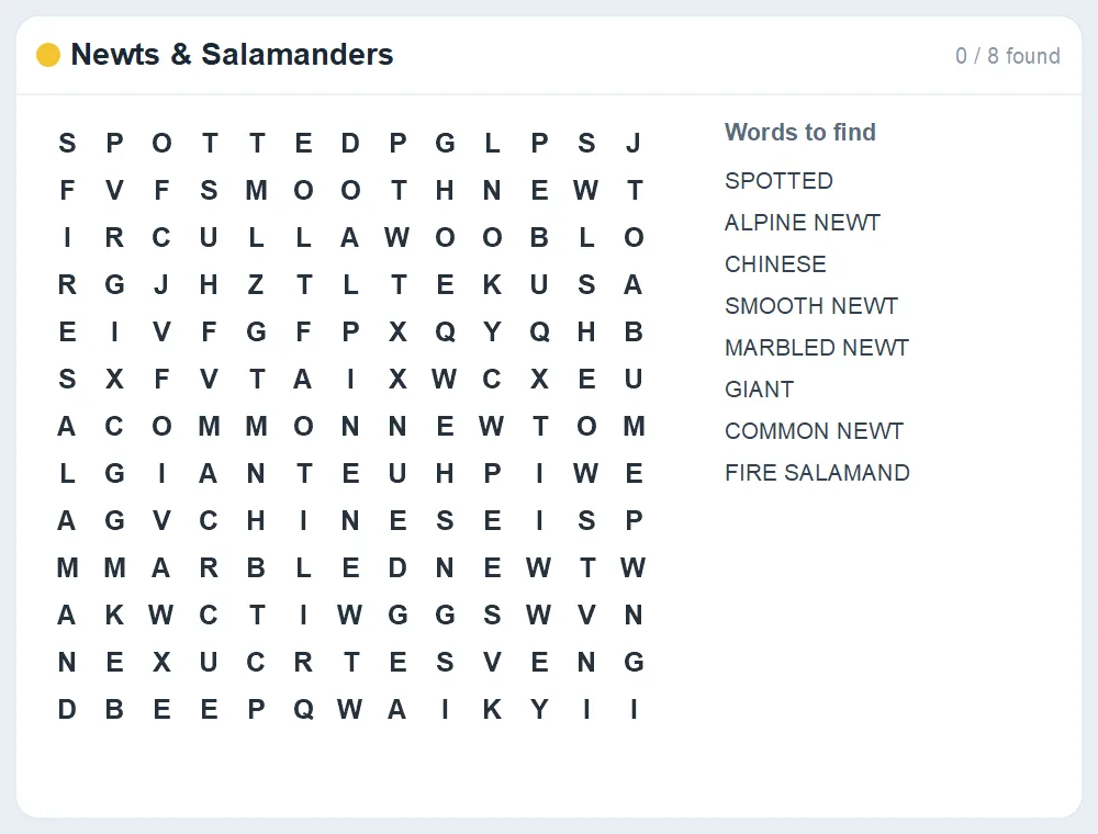 Preview of the Newts & Salamanders word search puzzle