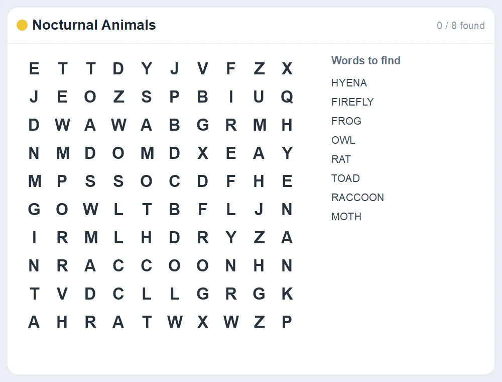 Preview of the Nocturnal Animals word search puzzle