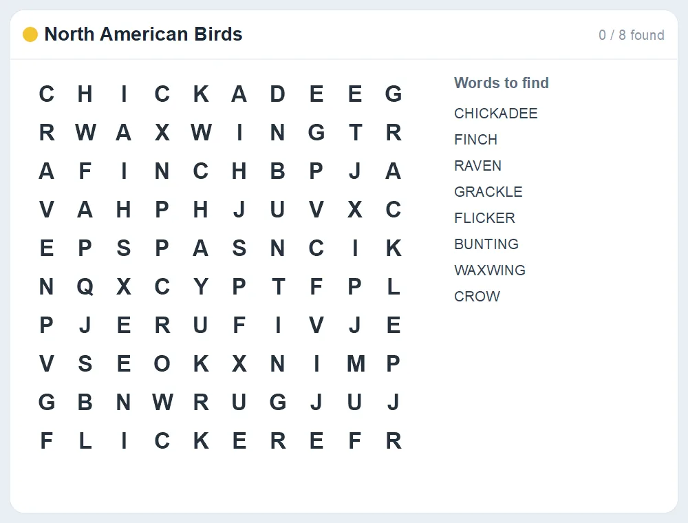 Preview of the North American Birds word search puzzle