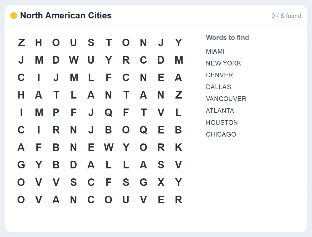 Preview of the North American Cities word search puzzle