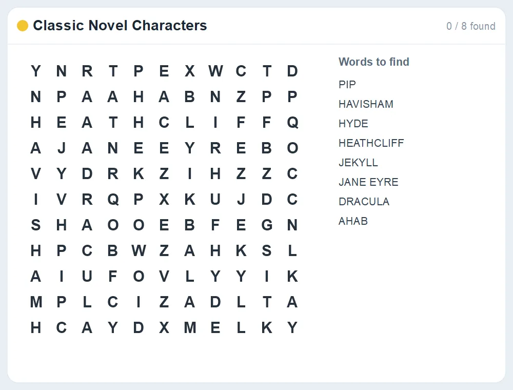 Preview of the Classic Novel Characters word search puzzle
