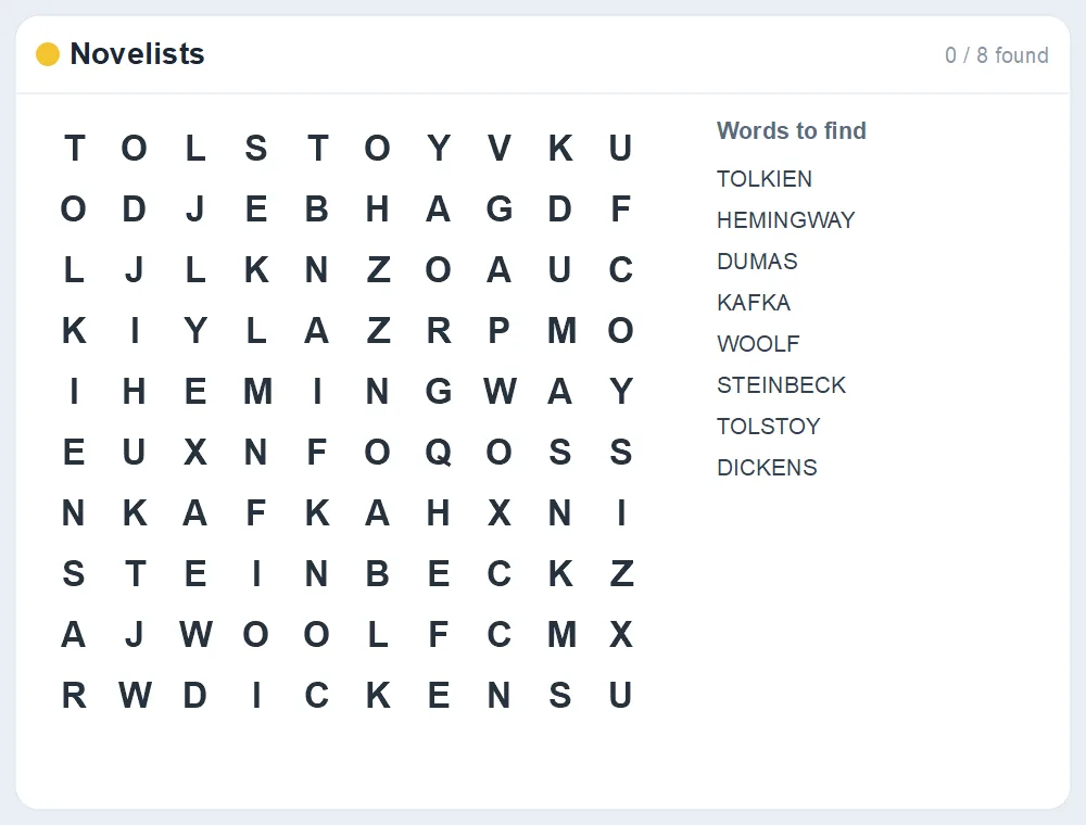 Preview of the Novelists word search puzzle
