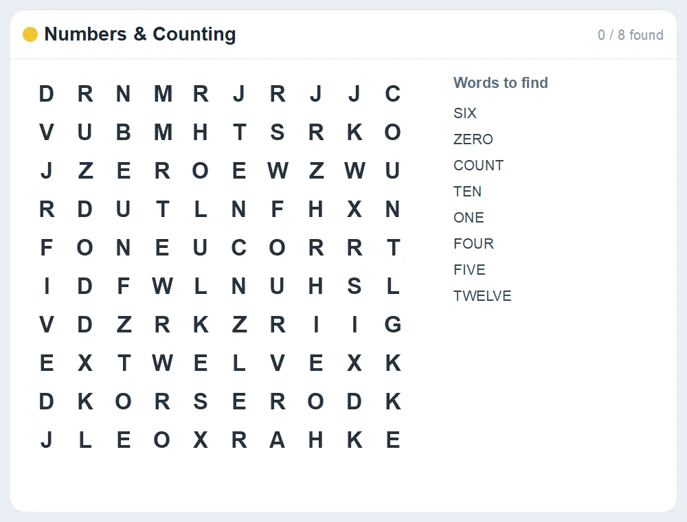 Preview of the Numbers & Counting word search puzzle