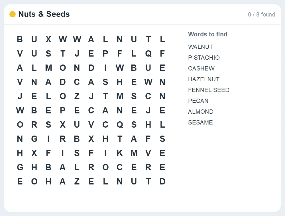 Preview of the Nuts & Seeds word search puzzle