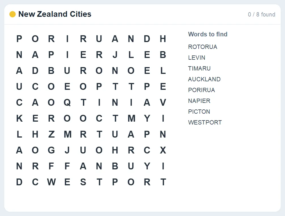 Preview of the New Zealand Cities word search puzzle