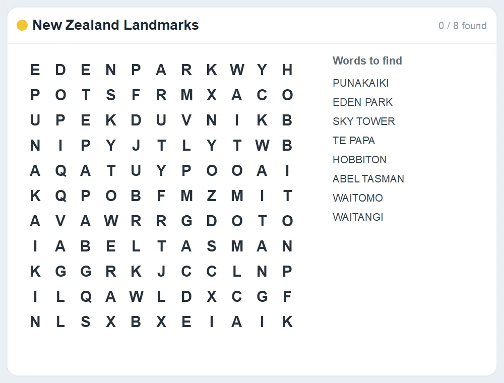 Preview of the New Zealand Landmarks word search puzzle