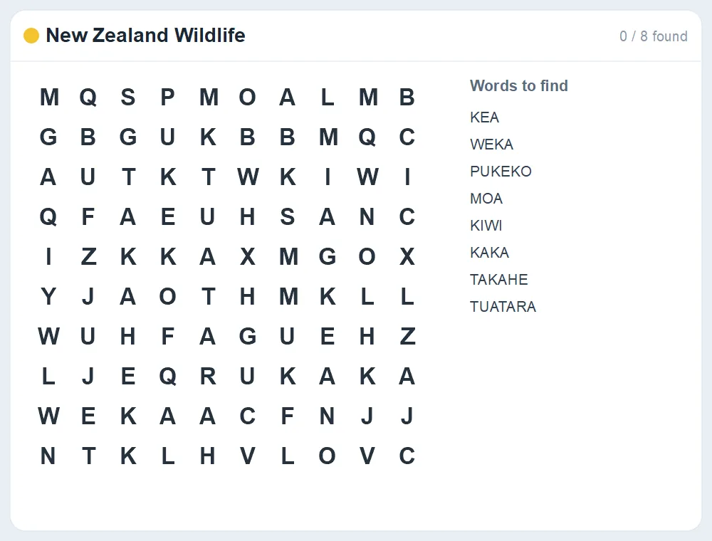 Preview of the New Zealand Wildlife word search puzzle