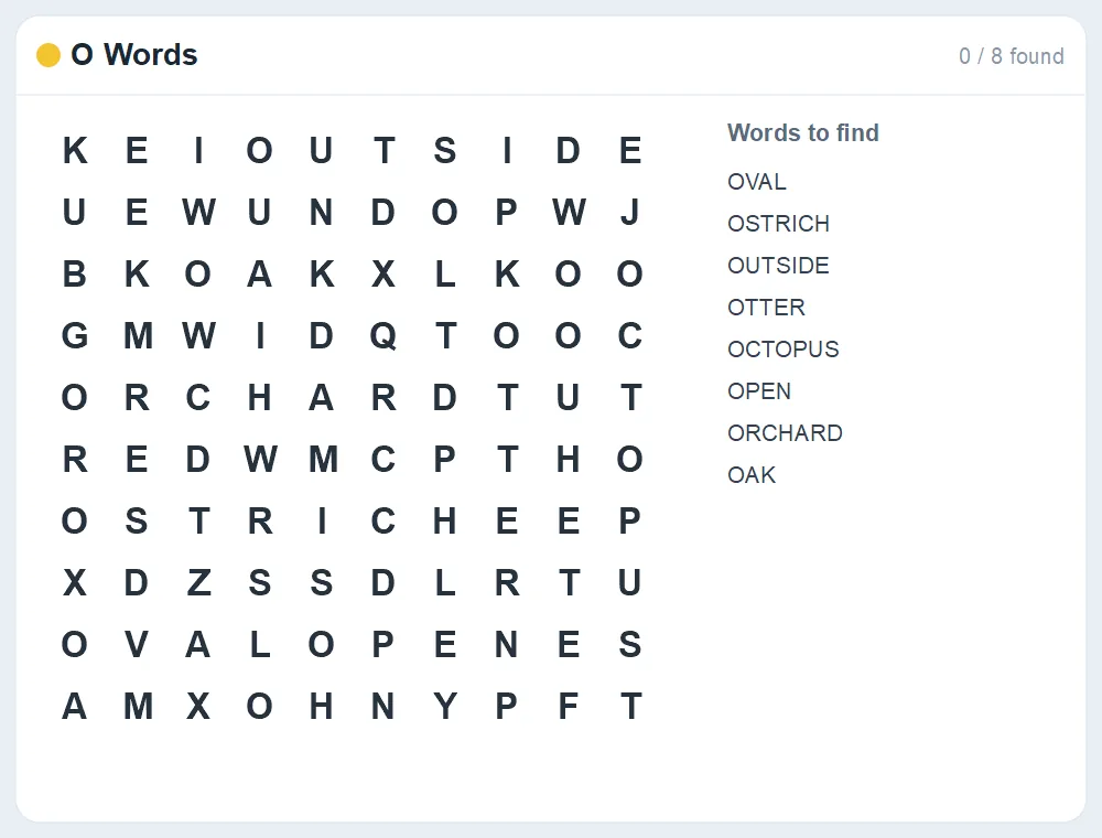 Preview of the O Words word search puzzle
