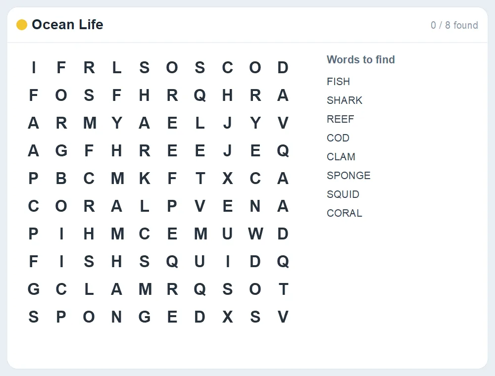 Preview of the Ocean Life word search puzzle