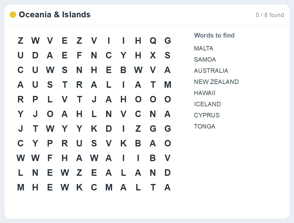Preview of the Oceania & Islands word search puzzle