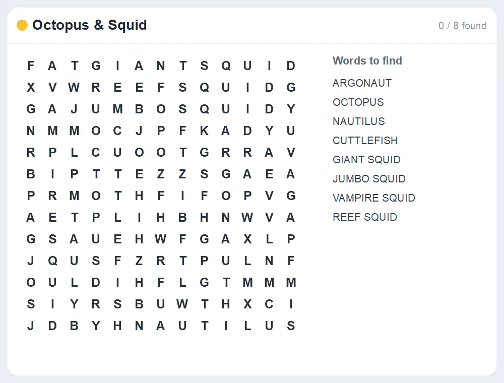 Preview of the Octopus & Squid word search puzzle