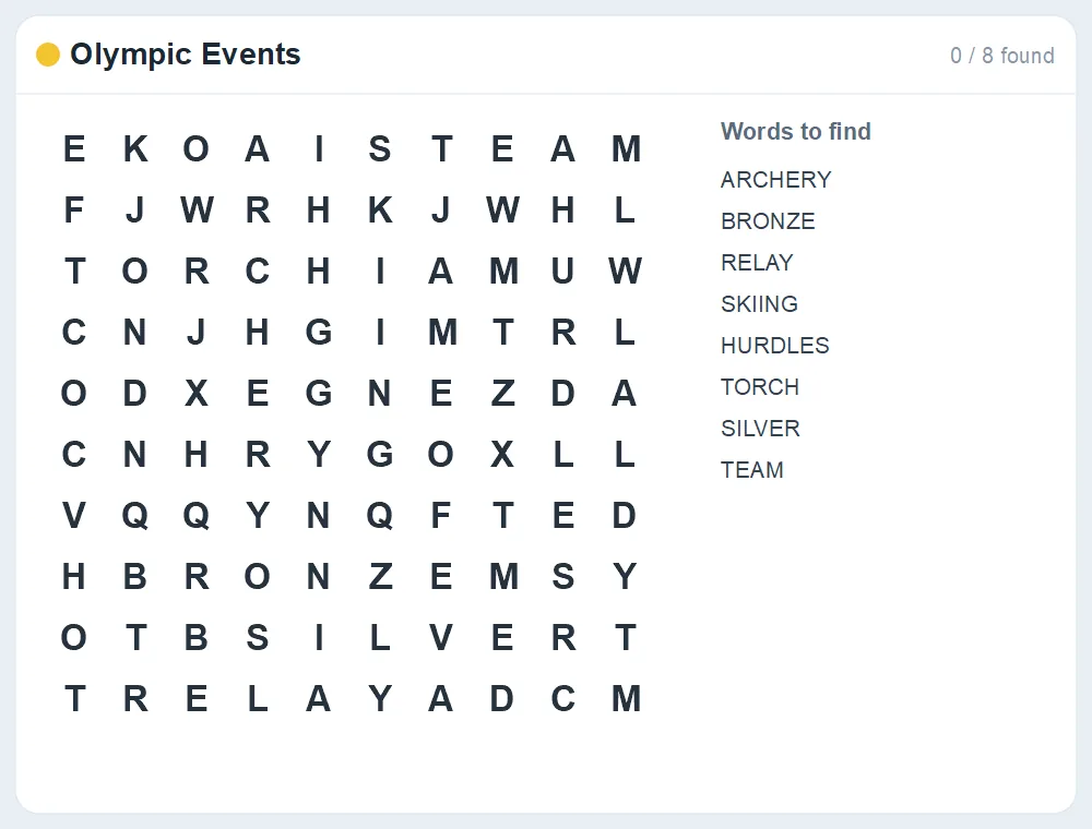 Preview of the Olympic Events word search puzzle
