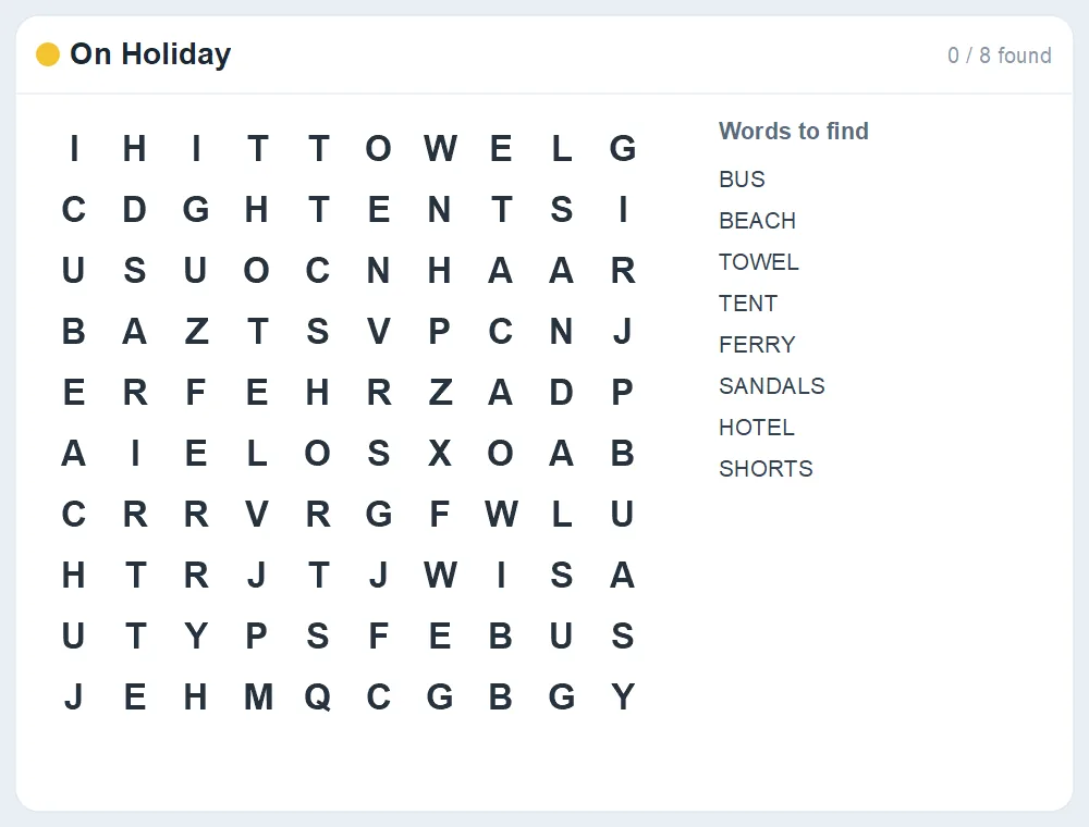 Preview of the On Holiday word search puzzle