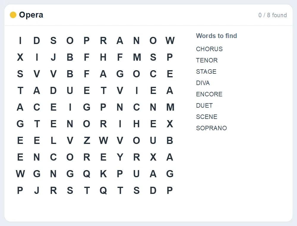 Preview of the Opera word search puzzle