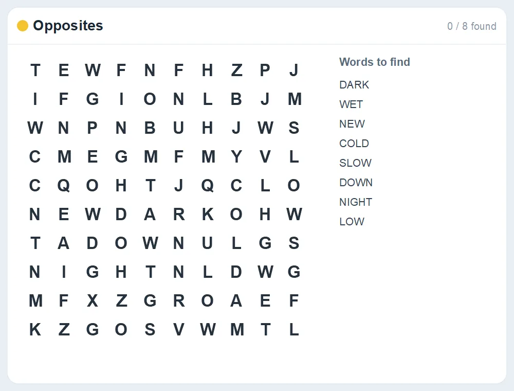 Preview of the Opposites word search puzzle