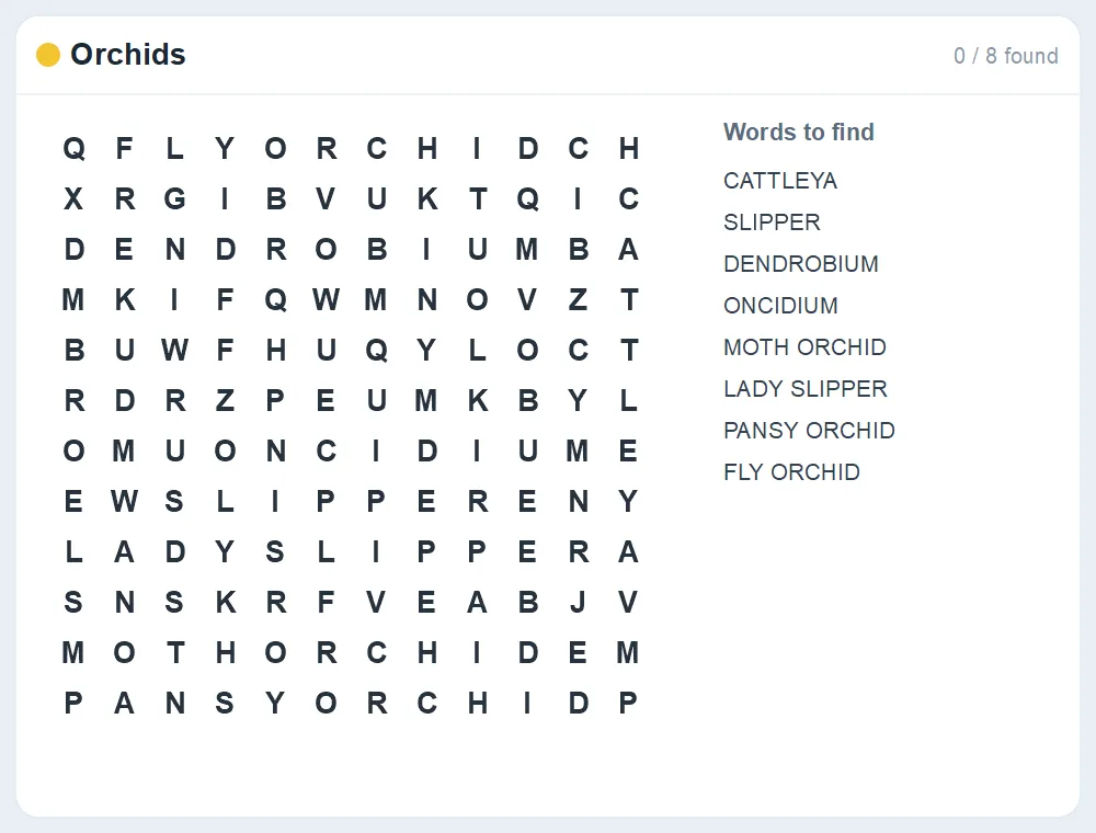 Preview of the Orchids word search puzzle