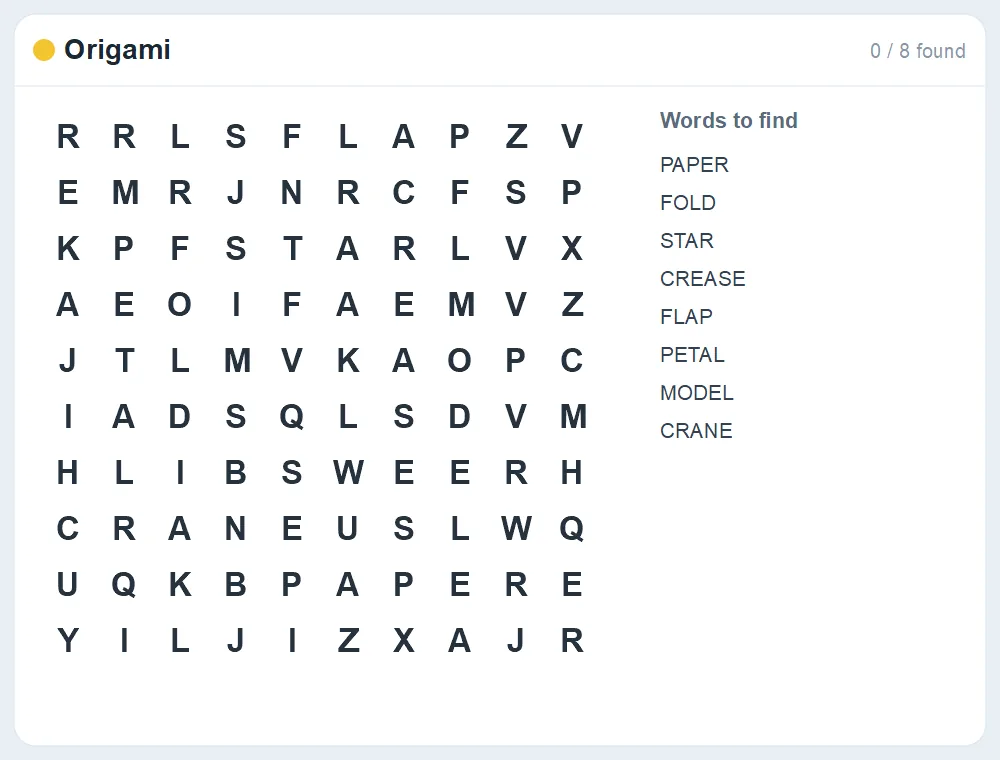 Preview of the Origami word search puzzle