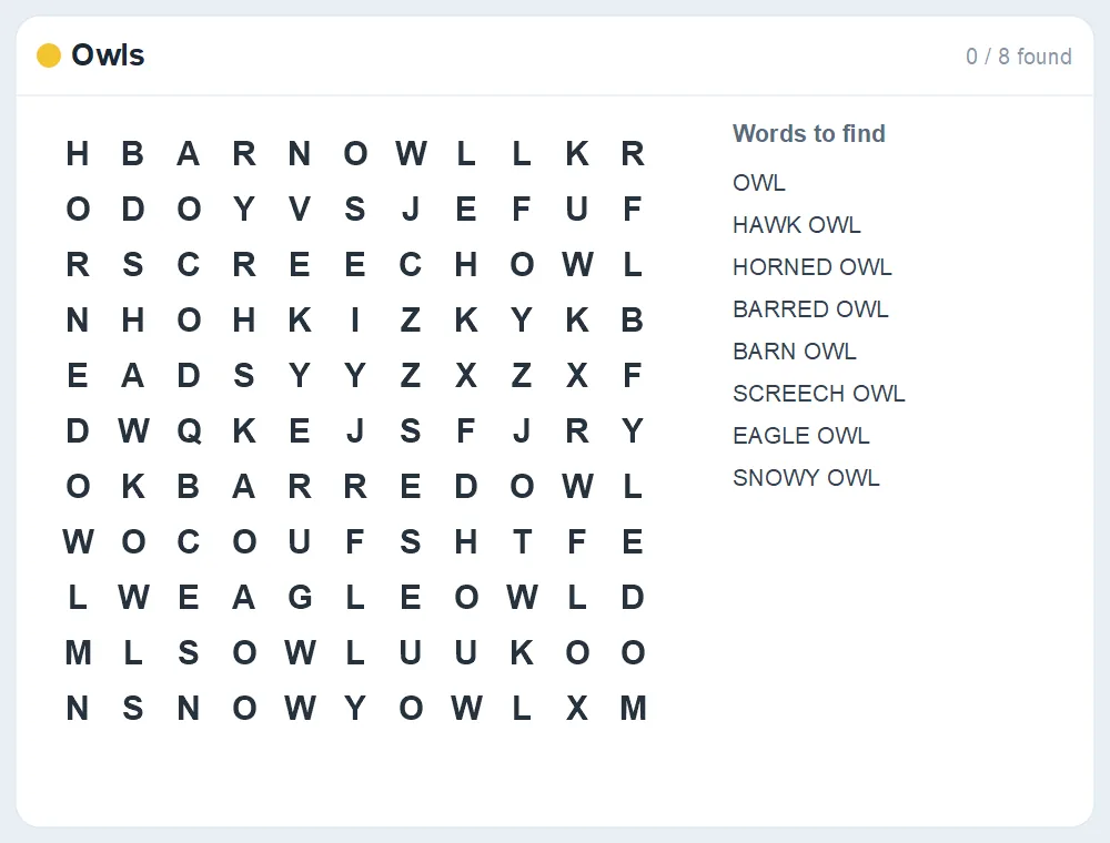 Preview of the Owls word search puzzle