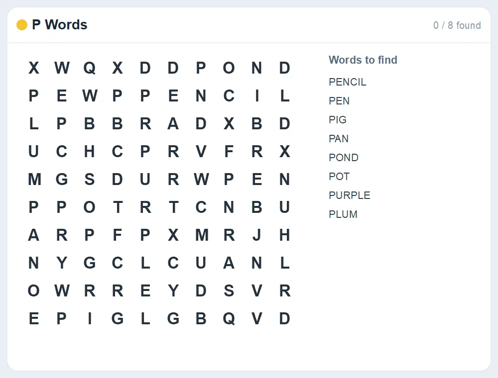 Preview of the P Words word search puzzle