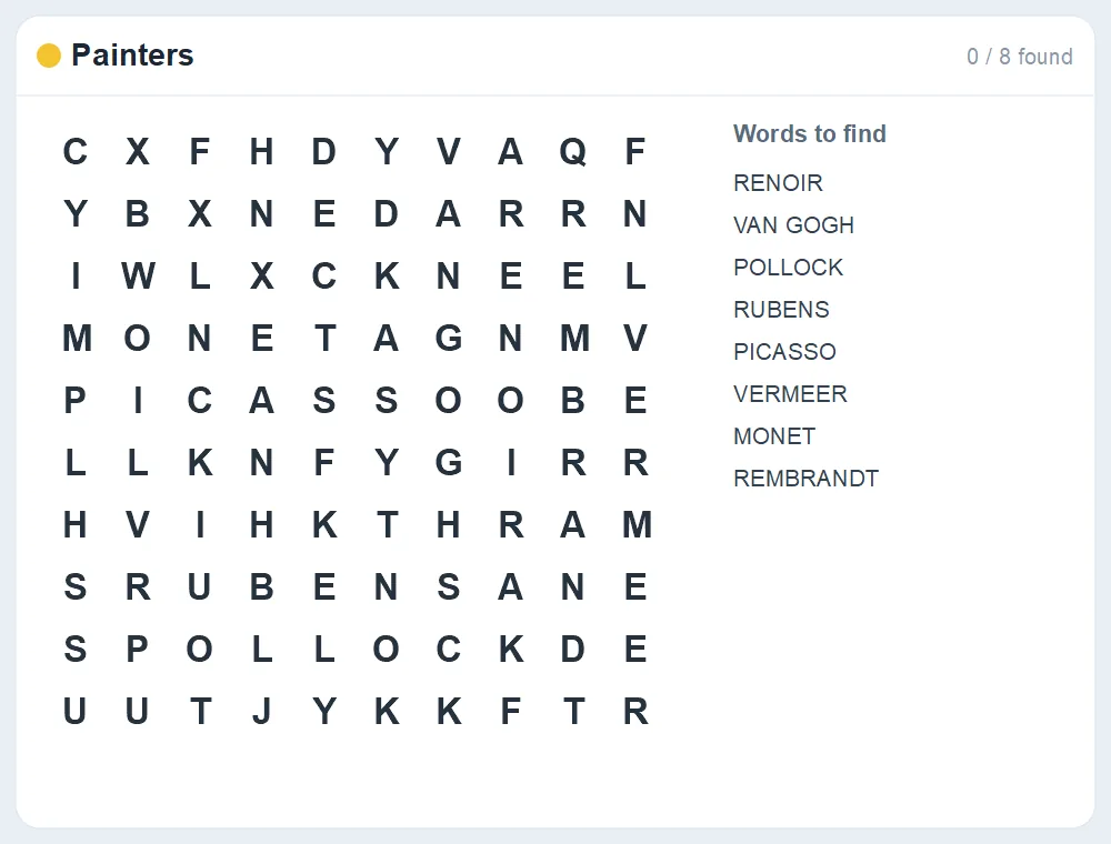 Preview of the Painters word search puzzle