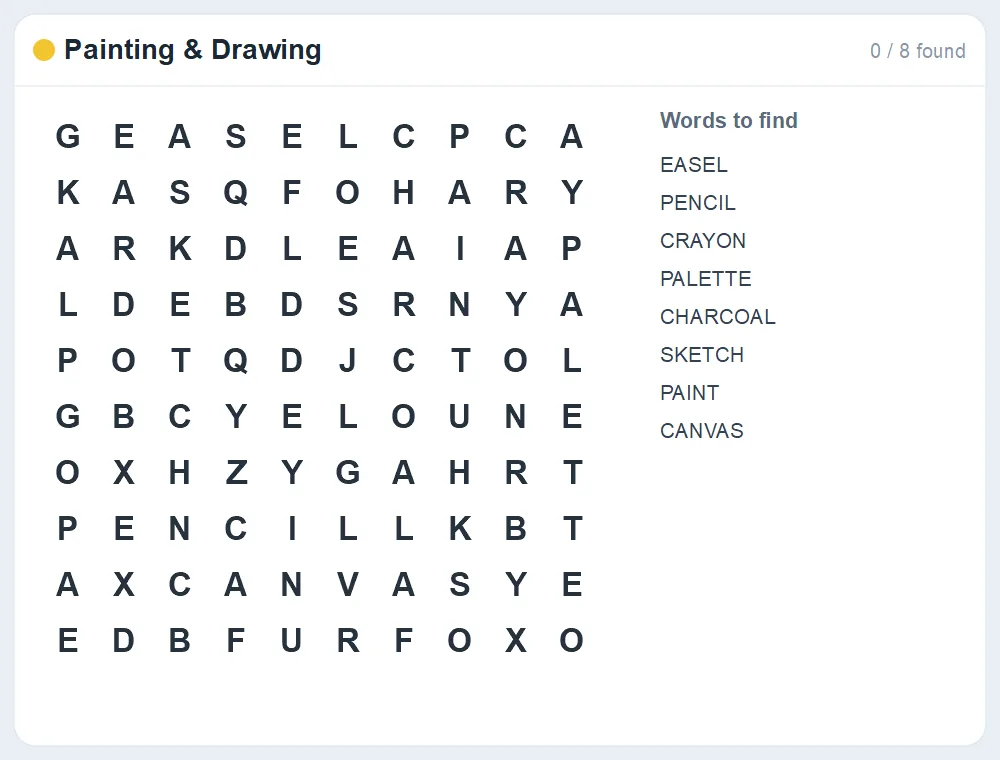 Preview of the Painting & Drawing word search puzzle