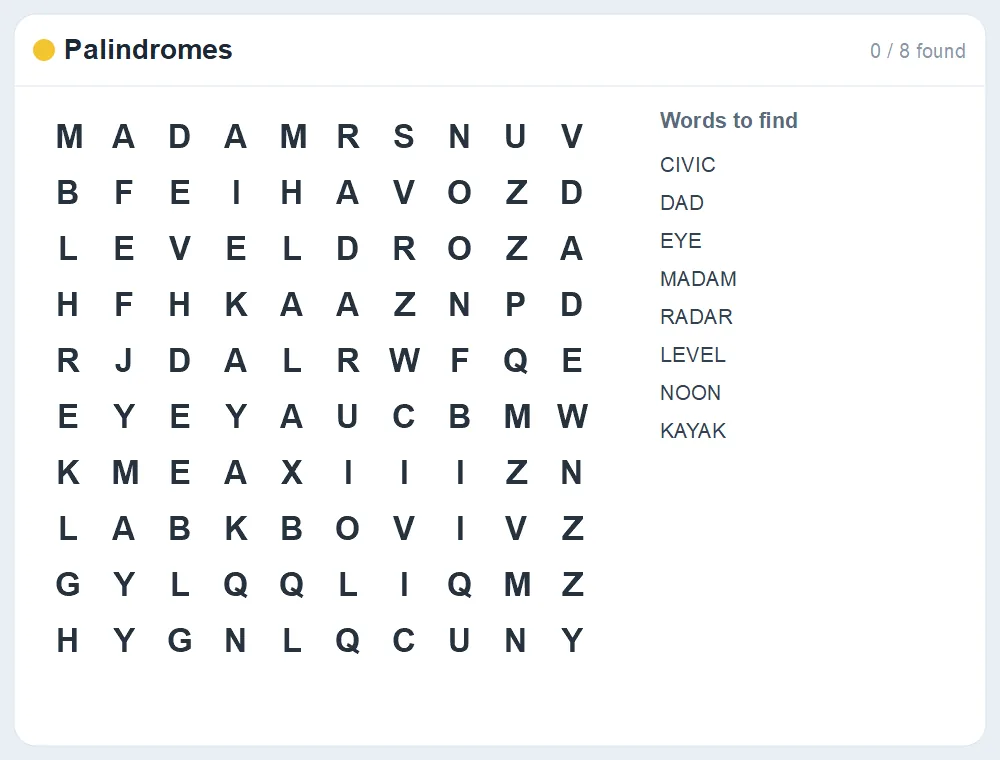 Preview of the Palindromes word search puzzle
